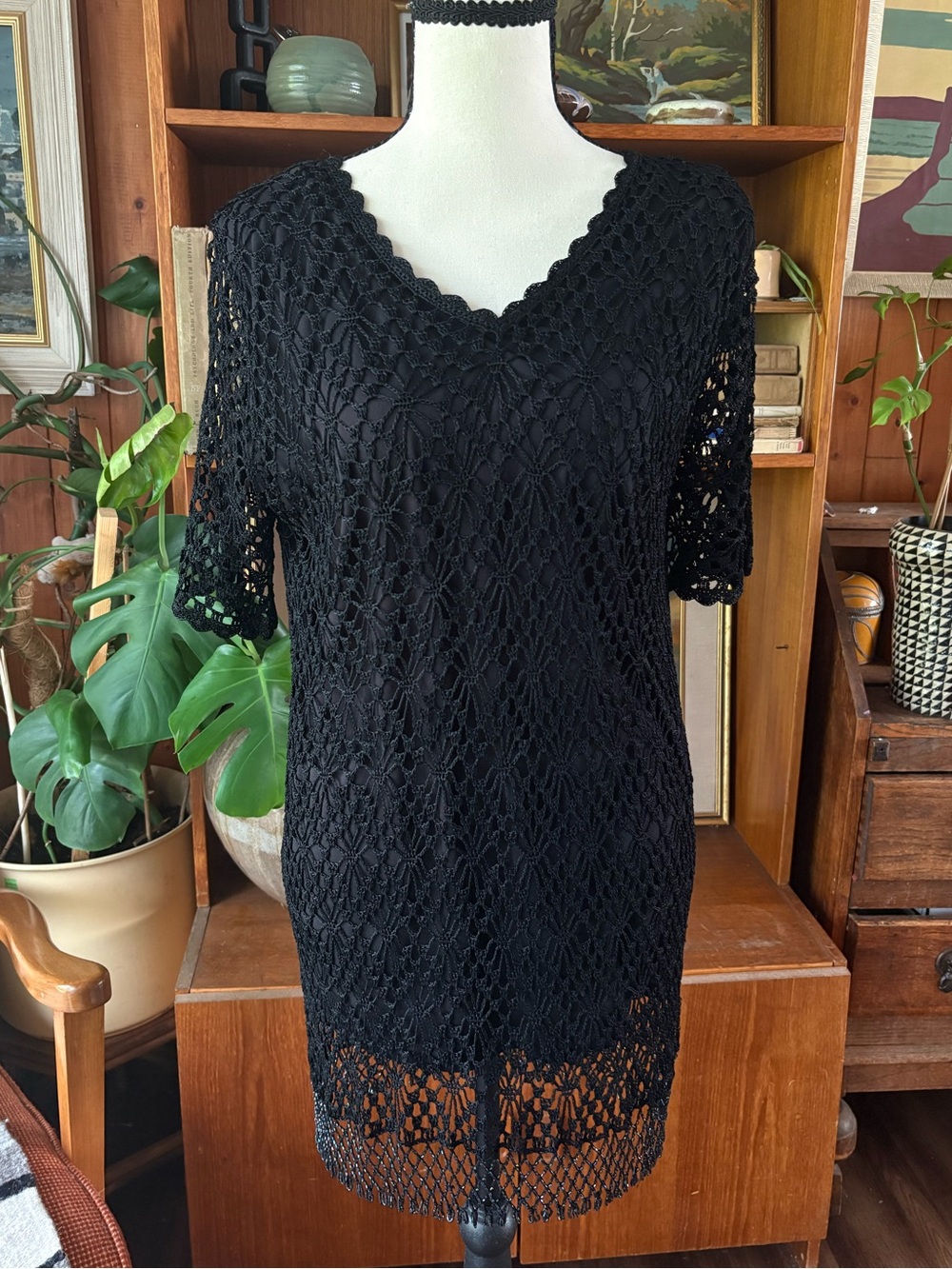 Gothic Whimsical Coquette Black Crochet Lace Knit V-Neck Mini Dress M